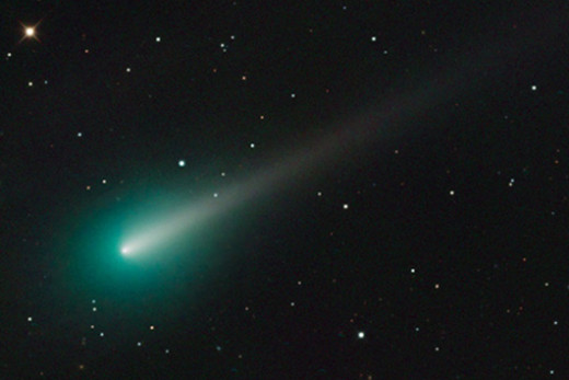 Comet Ison imaged, and showing the bright head, the fuzzy coma or atmosphere around the head, and the beginnings of its tail. Note also the greenish colour