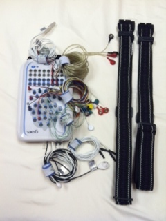 Shown: Standard Polysomnography hookup with EEG, EOG, CMG Leads, Snore Sensor, Body position sensor, & Respiratory belts. Not shown; upper respiratory sensors & oximeter. 