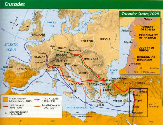 This map shows the basic course of the major Crusades.