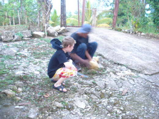 My son learning how to cut a coconut with a machete in Livingston, Guatemala.  Fresh coconuts contain amazing coconut water, full of minerals and vitamins.