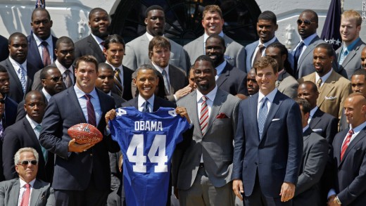 Each year it is tradition for the Super Bowl champions to meet with the U.S President.  Here, President Obama congratulates the New York Giants.