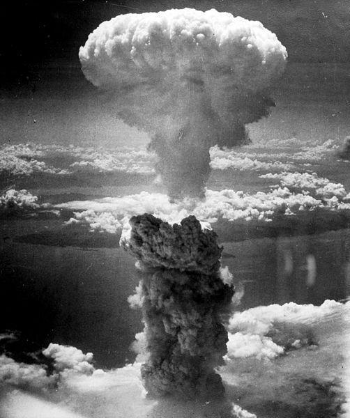 The mushroom cloud of the atomic bombing of Nagasaki, Japan on August 9, 1945 rose some 18 kilometers (11 mi) above the bomb's hypocenter.