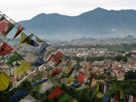 Prayer flags flutter over Swayambhu temple. A beautiful view of Kathmandu is to be had from this high vantage point.