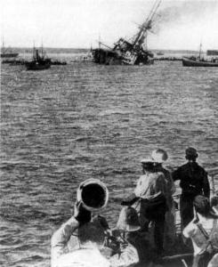 British battleship HMS Majestic sinks from hitting a mine. 