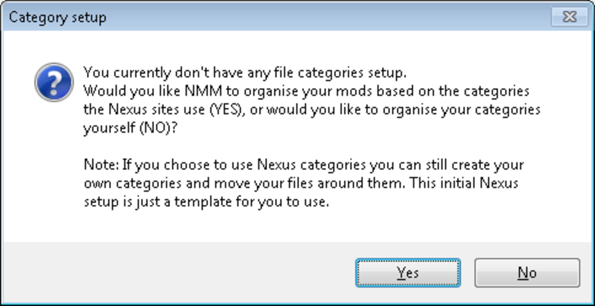 Click Yes, to allow Nexus Mod Manager to sort your mods using predefined categories.