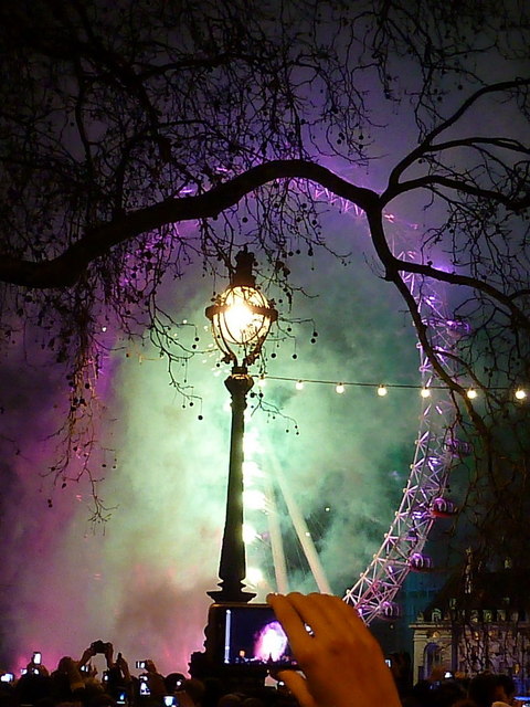The London eye aglow on New Year's Eve.