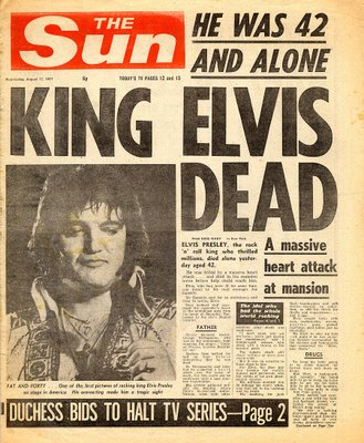 There are a lot of post-death Elvis papers out there. More rare are good pieces printed before Elvis died. You'll find they're a lot more valuable too!