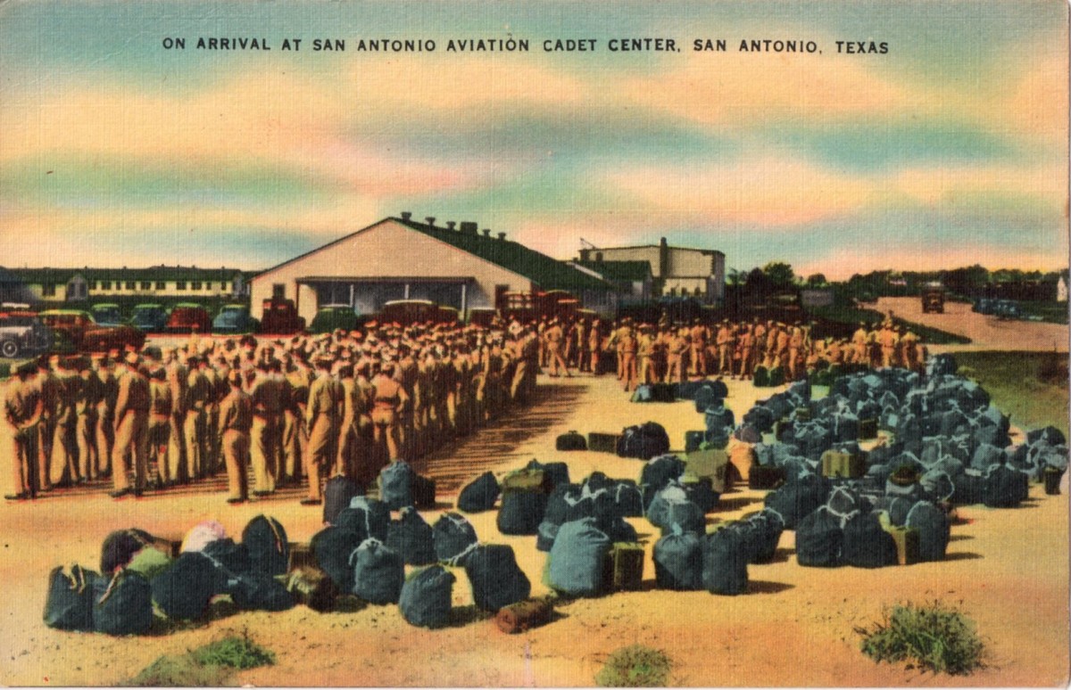 Waiting to be assigned quarters and be checked in at the San Antonio Aviation Cadet Center, San Antonio, Texas