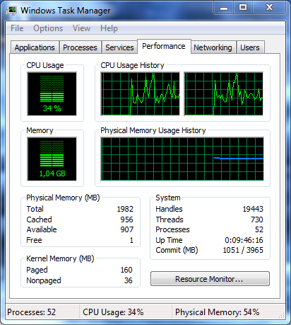Windows 7 task manager displaying CPU and memory under load. See below how to decrease this.