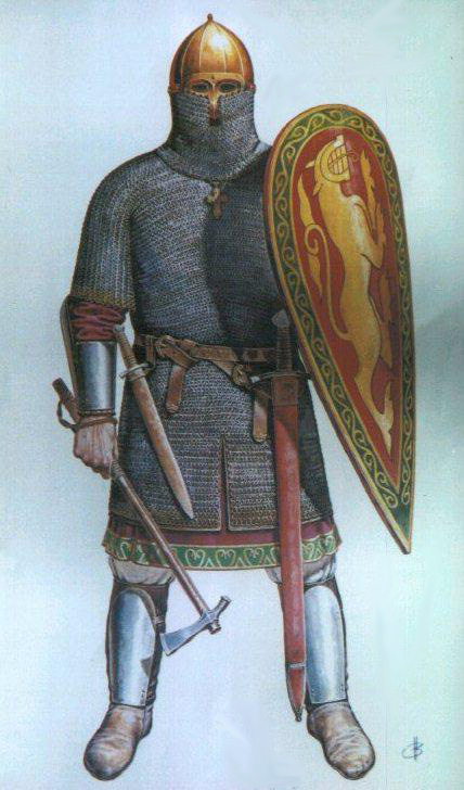 Mediaeval Rus man at arms - the outfit owed much to its Scandinavian origins - the shield looks much like those the Normans' carried, and King Harold's huscarls adopted in latter years