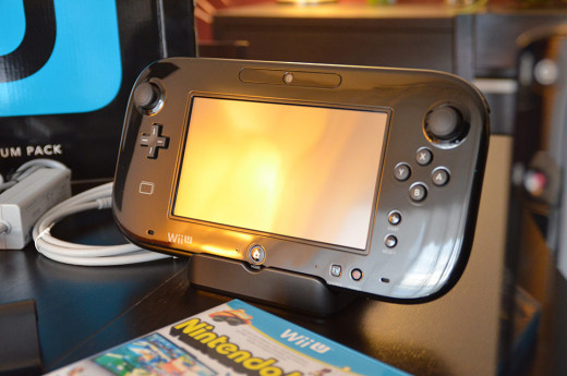 The Nintendo Wii U GamePad sitting on its stands.