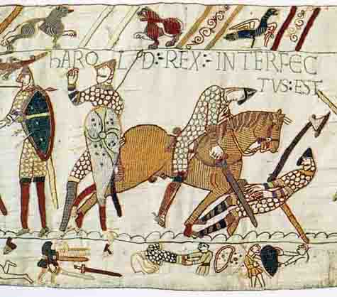 That fatal arrow in the Bayeux Tapestry commissioned by William's half-brother Odo, bishop of Bayeux - likely to have been executed by English women. Critics have called it a whitewash, that Harold was only wounded (blind-sided by wound dressing?)