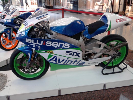 Suter Moto2 motorcycle of the Blusens Avintia team at the commercial center Alcampo in Mataró (Catalonia).