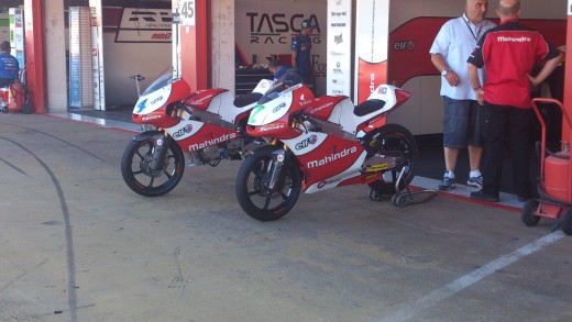 Mahindra Moto3 motorbikes at the Catalunya Grand Prix, Spain in 2013.