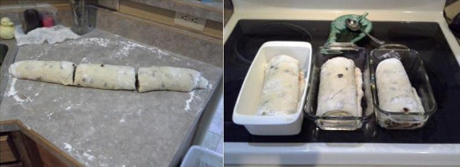 Step Twelve: Roll your dough tightly lengthwise into a long roll and divide it into three equal sections with a knife Step Thirteen: Place each of your three sections into a sprayed loaf pan