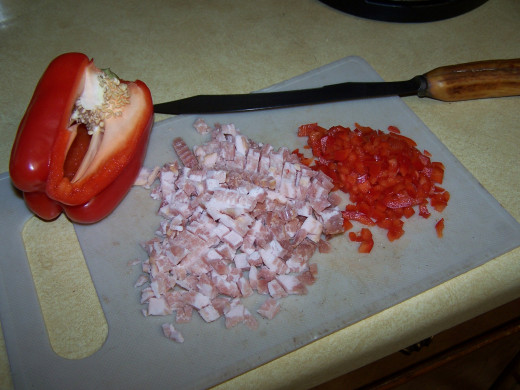 Here I show the bacon and red pepper cut and ready to use.
