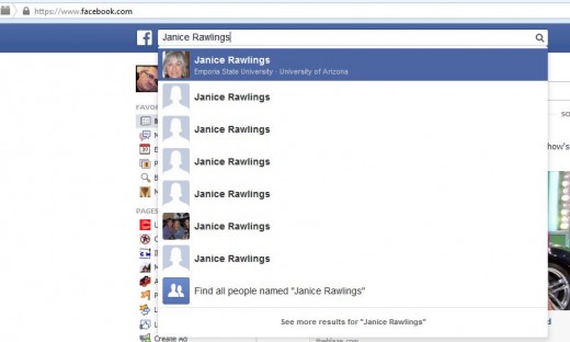 A Facebook Search for Janice Rawlings yielded many results, but not the right Janice.