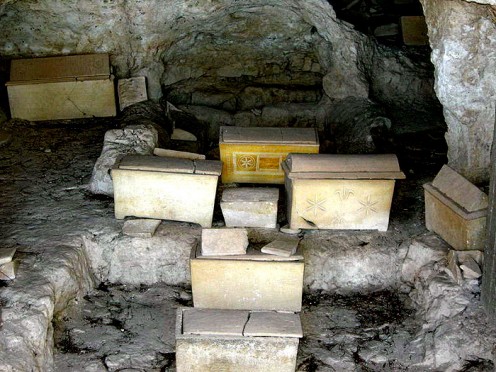 An ancient tomb opened in the premises of "Church of the tear drops" . Favorite personal belongings of the person also buried along with body. Notice the boxes