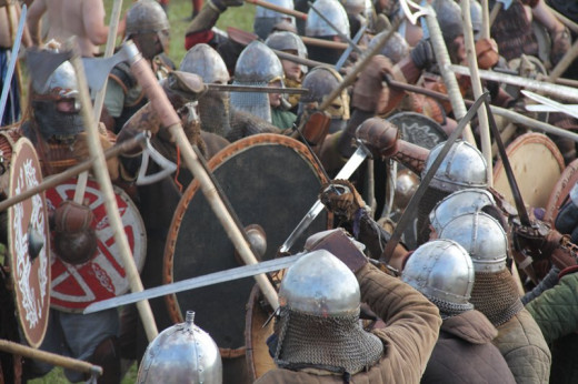 The clash - shieldwalls push and shove, more men join to bolster numbers and add weight. It goes on all day until one side buckles. A pitched battle ensues, turning into a series of smaller skirmishes.  Weight of numbers tells, then the chase begins.