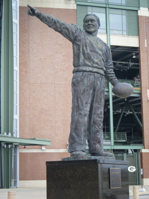 The statue of Curly Lambeau at the entrance to the stadium.
