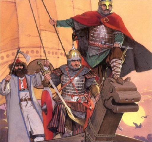 Rhos or Rus mercenaries, who formed an elite body of warriors loyal to the emperor only. These men helped him crush his enemies with their ferocity