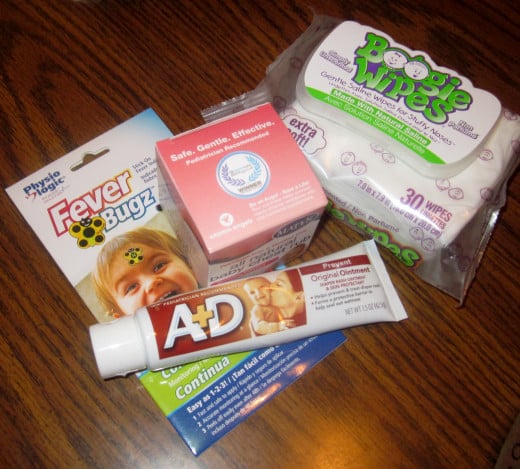 Fever Bugs for wiggly babies with fevers, A&D for baby diaper rash, chest rub for the cough and cold, and boogie wipes for those hard to get boogers
