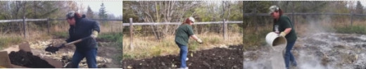 Putting compost and organic matter and light wood ash into the garden soil.