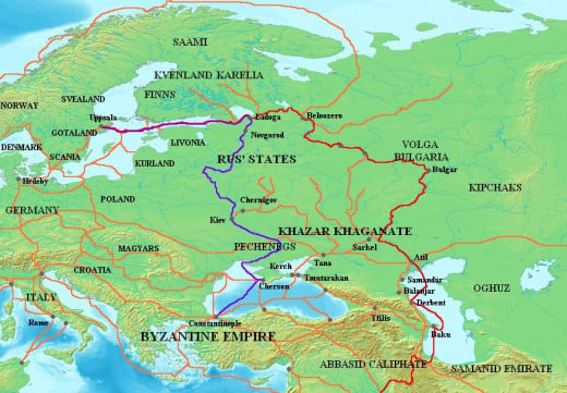 The river routes between the Eastern Sea and the Black Sea or Caspian Sea and Arabia