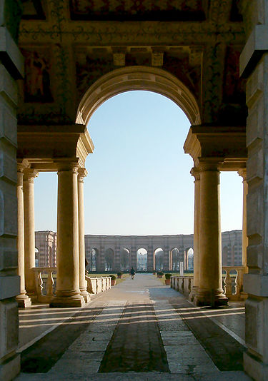 Terrace at Palazzo Del The, Mantua, Italy, 16th Century, design by Giulio Romano, incorporating classical columns and other features.
