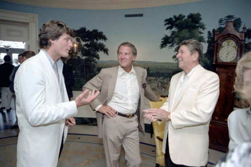 President Reagan (R) talking with Christopher Reeve (L) and Frank Gifford (C)