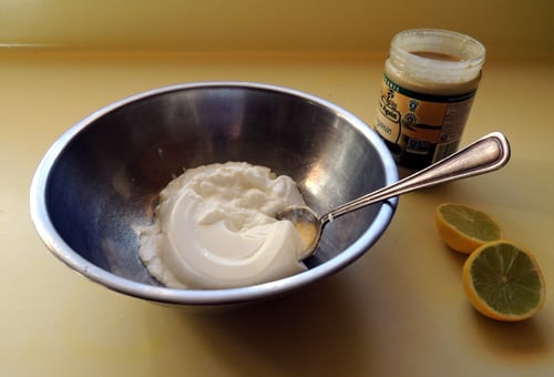 grab the yoghurt, tahini paste, and lime to prepare the dressing