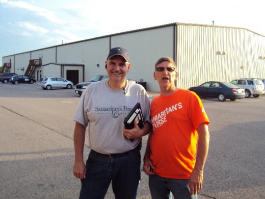 Tony McNeil director in Shawnee, Ok for Samaritan's Purse in grey shirt myself in orange shirt.
