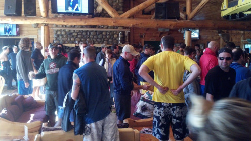 All of the groups gather prior to their run on the river at the main lodge