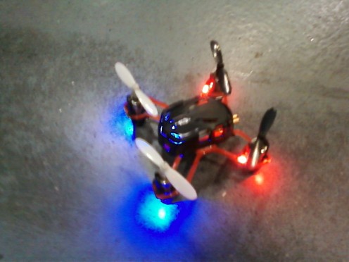 The quadcopter pictured after making a spectacular safe landing onto the vast warehouse floor.