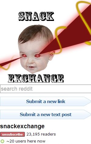 The r/Snackexchange logo. Don't let the weird laser-shooting baby scare you out of doing a snack swap!
