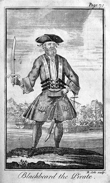 Blackbeard, as pictured by Benjamin Cole in the second edition of Charles Johnson's General Historie