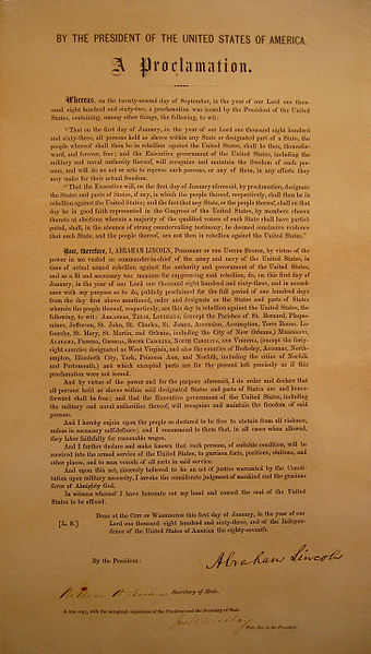 The Emancipation Proclamation signed by Abraham Lincoln