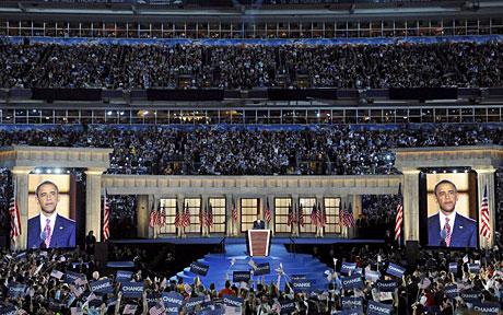 Nominee Obama accepting his party's nomination before an estimated crowd of 84,000. 