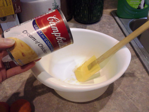 Step Six: In a separate large bowl, dump your cream of chicken soup