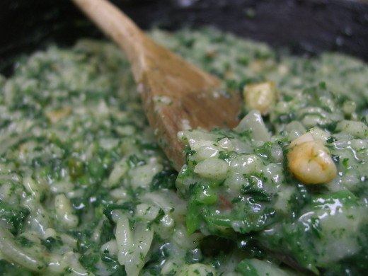 Risotto with nettle and shrimp.