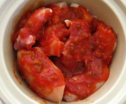 Pour the salsa and seasonings over your chicken in the crock pot. 