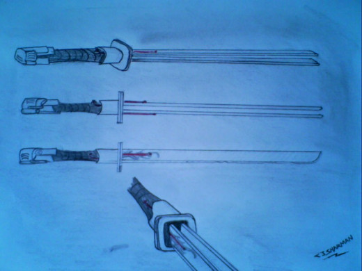 Concept art for the captain's hand made energy sword.