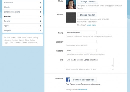 Profile tab in settings, edit avatar, header, bio, and connect to Facebook.