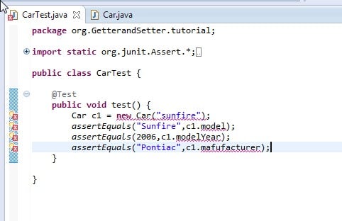 Errors are reflected for CarTest. A constructor method and fields need to be added to the Car claas.