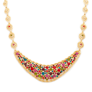  You'll shine bright in the broad spectrum of Natasha's palette. A collection of multicolored cz's nestle delicately inside Natasha's braided gold half moon, framed by snowflake- inspired CZ circles.  