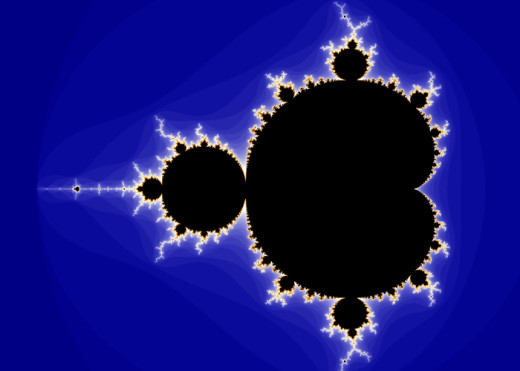 The Mandelbrot fractal rendered at x1 magnification. It doesn't look very interesting, but there are amazingly complex patterns at the edges.