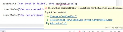 Sine our test method was created before either carCheckIn() or carCheckOut() were defined we let "quick fix" add this method stubs.