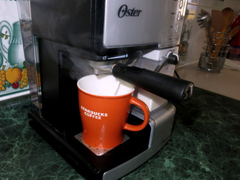 After a few seconds, steamed milk and/or foam begins to fill the mug.