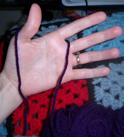 Hold the free end over your thumb, and the end going to the ball of yarn between your pointer and middle finger.