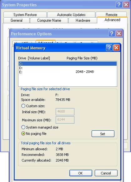 My Paging File moved to another hard drive and set to 2 GB (2048 MB)